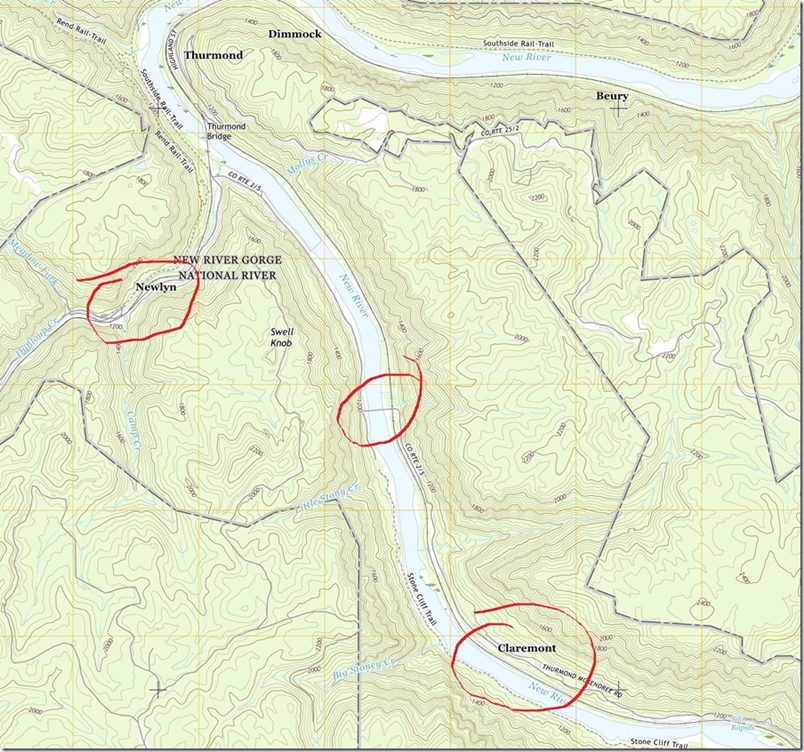 USGS Thurmond quad, 2016, 24,000 scale. Nothing around Claremont now except silence. Thurmond, WV, 1:24,000 quad, 2016, USGS.